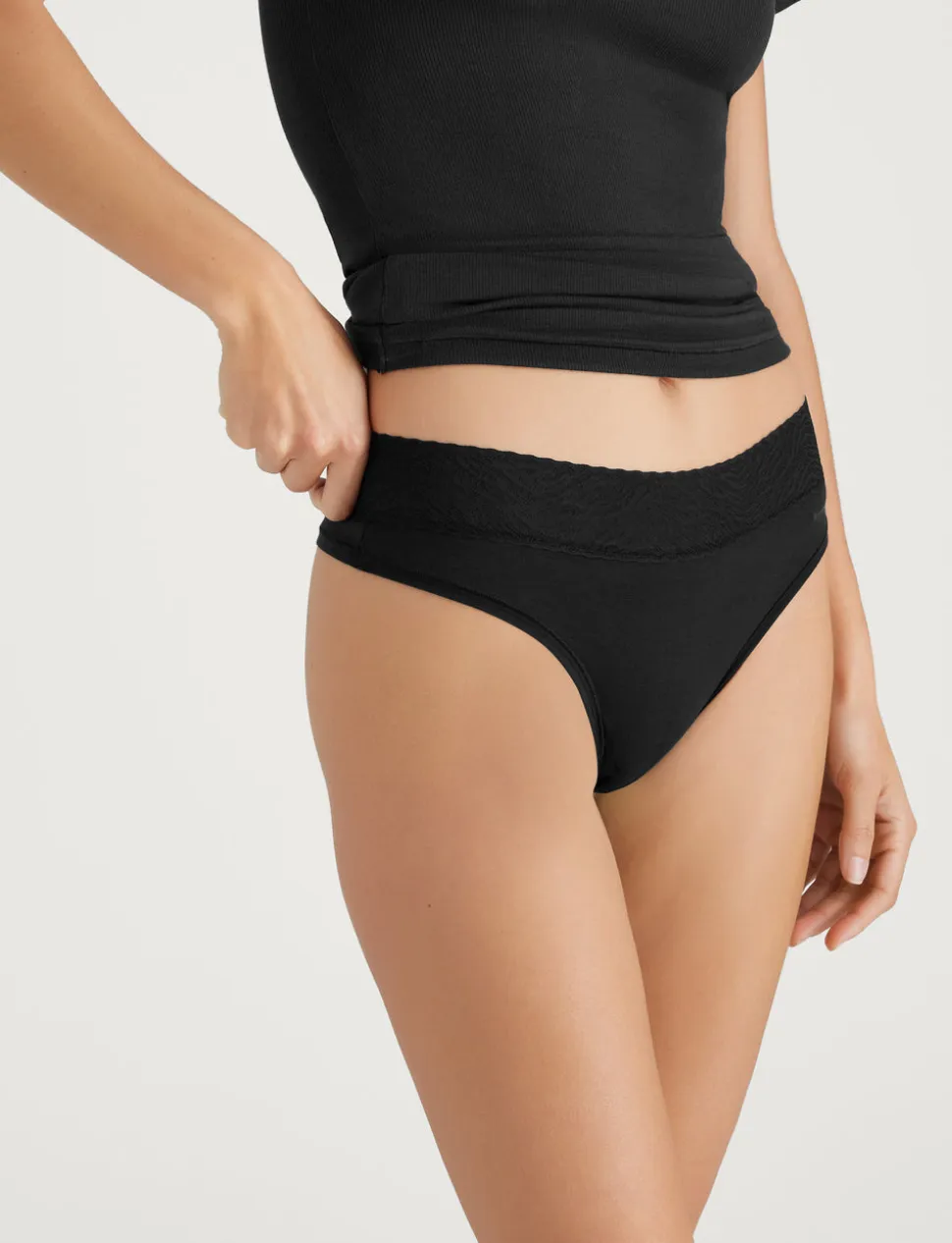 Women's Cool Cotton Thong, Lace Waist